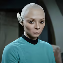 a doll is looking at the camera and has white hair