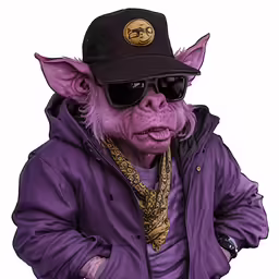 a cartoon character in shades and a purple coat and hat