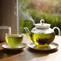 a tea pot and cup sitting on a table