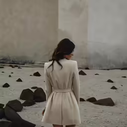 the back view of a woman in a trench coat standing next to rocks