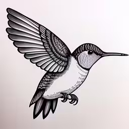 drawing of a bird sitting on top of a wall,black and white drawing of a hummingbird with wings out