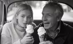 black and white photograph of two people sitting in a car holding up ice cream