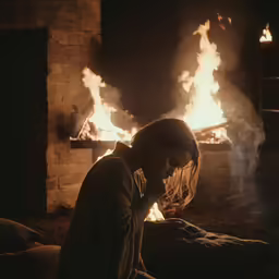 a woman sitting in front of a fireplace holding a cell phone