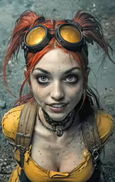 a woman with goggles and a yellow shirt is staring into the camera