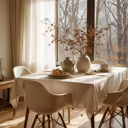 table setting for four with white tablecloths and vases