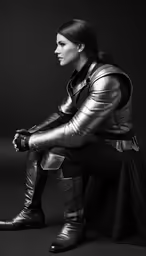 a woman wearing armor and boots in black and white