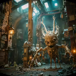 a demonic looking evil looking creature in an industrial setting