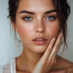a close up of a woman with a finger in her hand