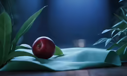 an apple sits on top of leaves on a table