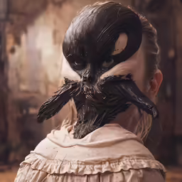 a woman has a black crow mask on her face