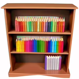 a three shelf wooden bookcase with many colors of crayons on each shelf