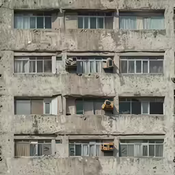 a building with various windows and broken curtains