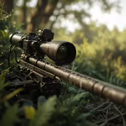 a rifle with the scope pointed up, sitting in a field