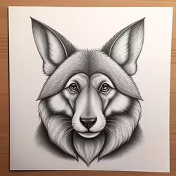 this is an animal drawing of a fox,a drawing of an animal head with a black and white background