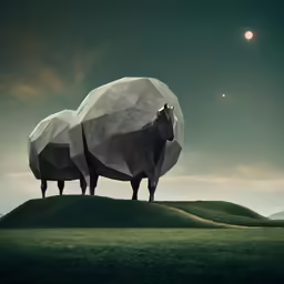 two animals made of polygonal shapes stand on a hill