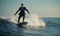 a man in a suit surfboarding on the ocean