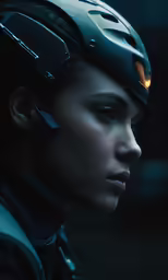 the woman has a helmet and is wearing her hair to the side