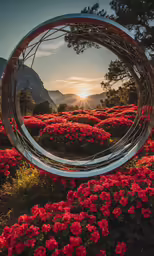 a circle with flowers in the background