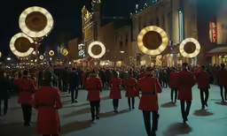 a band with lights in the city at christmas time