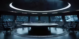 a circular room with large windows, round table and chairs, and several chairs in the middle