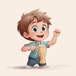 a little boy holding a popcorn and making the sign with his hand