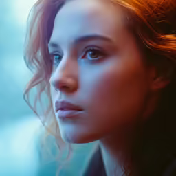a girl looking away from the camera with a soft shadow