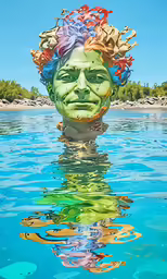 a picture of a person with different colored hair and on top of the water