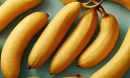 a group of four bananas hanging from a brown wire