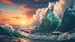the sun shines brightly through the clouds at an ocean - themed landscape,an ocean landscape with a huge wave crashing