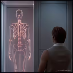woman looking at x - ray skeleton display in the hallway