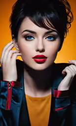 a woman wearing a blue jacket poses for the camera