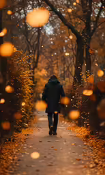 a person in a jacket walks down a trail through a forest with yellow trees