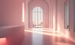 the empty hallway with arched windows overlook the city