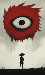 person with umbrella standing in front of giant, red eyeball