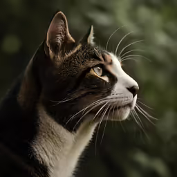a brown and white cat staring intently towards the sky