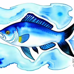 a painting of a blue fish with yellow eyes,a large fish is painted blue and gold,a drawing of a blue fish is shown,blue fish, swimming through water on white background,a blue fish swimming across water