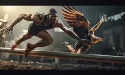 a man and woman in costumes, with arms apart, and wings outstretched