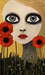 a woman with dark blue eyes is surrounded by flowers
