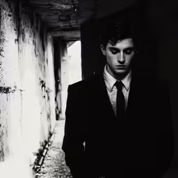 a man in a suit stands alone in a dark hallway