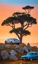 two cars parked on the side of a mountain