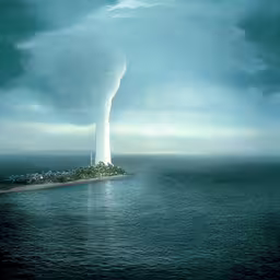an island in the middle of the ocean with a long tornado cloud,a storm cloud looms over an island as it passes by
