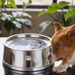 a dog looks at a water fountain that is empty