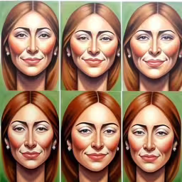 a collage of portraits of women with green background,some very cute pictures of different people with different expressions,a painting of a woman with different facial expressions,a portrait painted in various different expressions,several portraits of a woman with different hairs