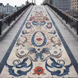 a walkway with a colorful pattern of birds and flowers