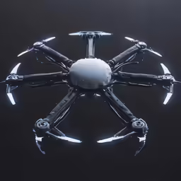 a black and white photo of a futuristic flying device