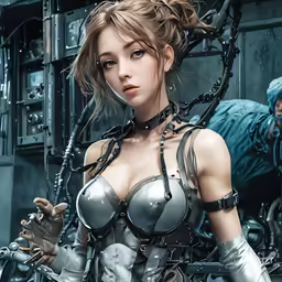 the woman is dressed in steampunk attire