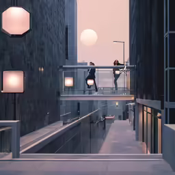 two people stand in a walkway between two buildings