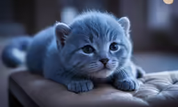 a little grey kitten that is laying on a pillow