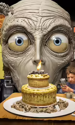 a cake sitting on top of a table covered in candy