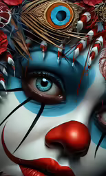 an artistic illustration of a creepy clown with feathers